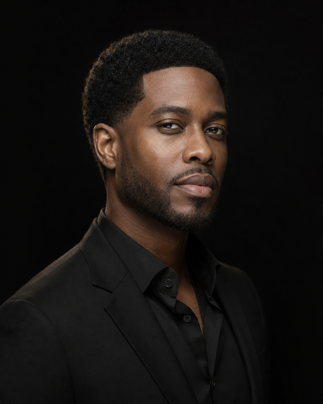 Editorial portrait of a man wearing a natural afro hairstyle